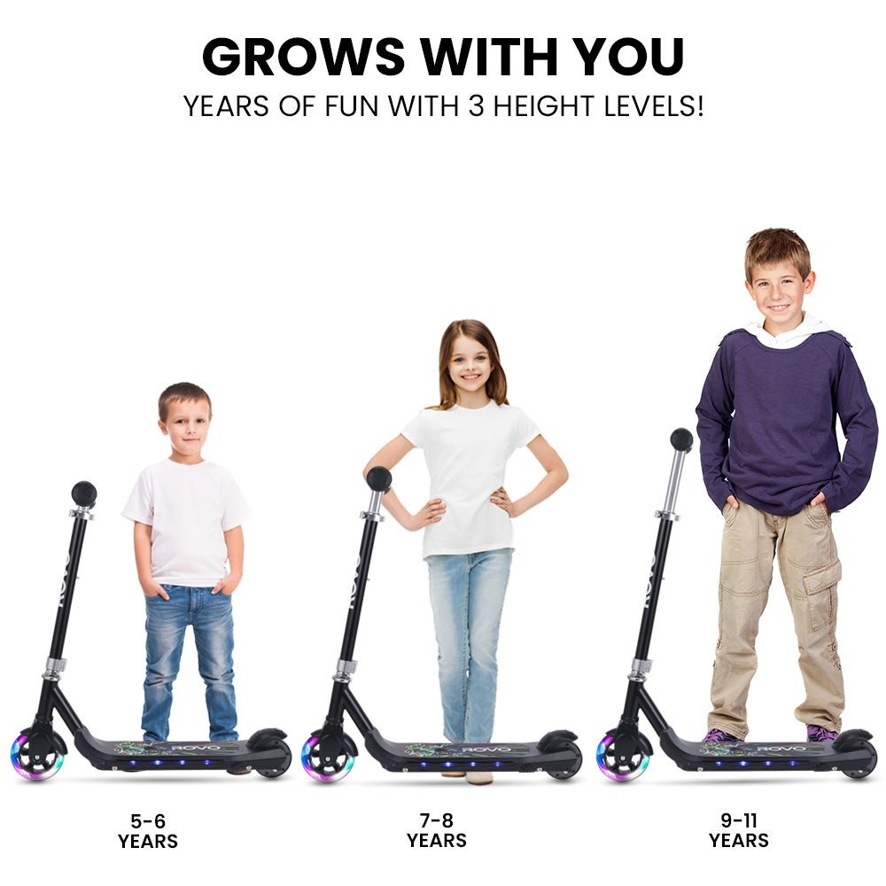 ROVO KIDS WhizKid Electric Scooter, Ages 5 - 11, Adjustable Height, AU Compliant, Lithium Battery, Brushless Motor, Black | Outdoorium