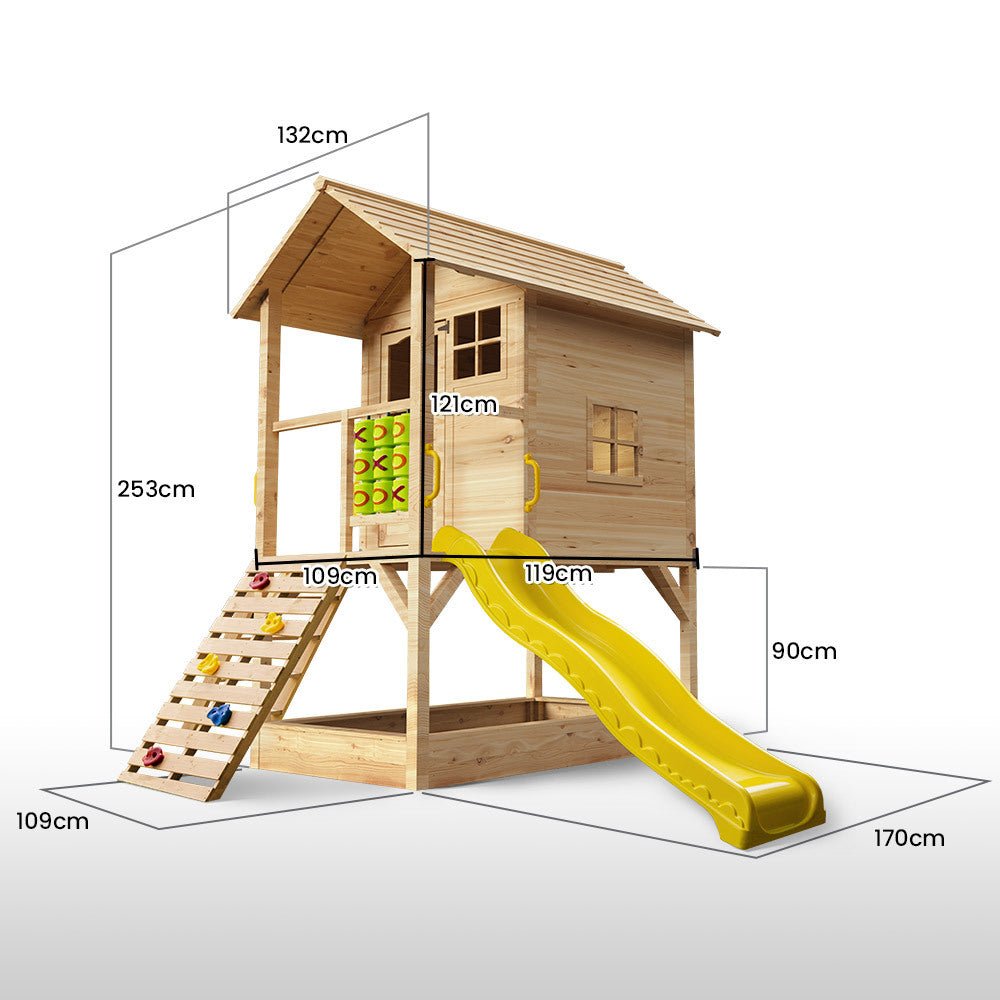 ROVO KIDS Wooden Tower Cubby House with Slide, Sandpit, Climbing Wall, Noughts &amp; Crosses, Natural Colour - Outdoorium