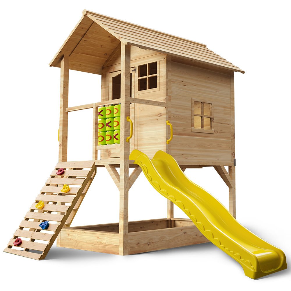 ROVO KIDS Wooden Tower Cubby House with Slide, Sandpit, Climbing Wall, Noughts &amp; Crosses, Natural Colour - Outdoorium