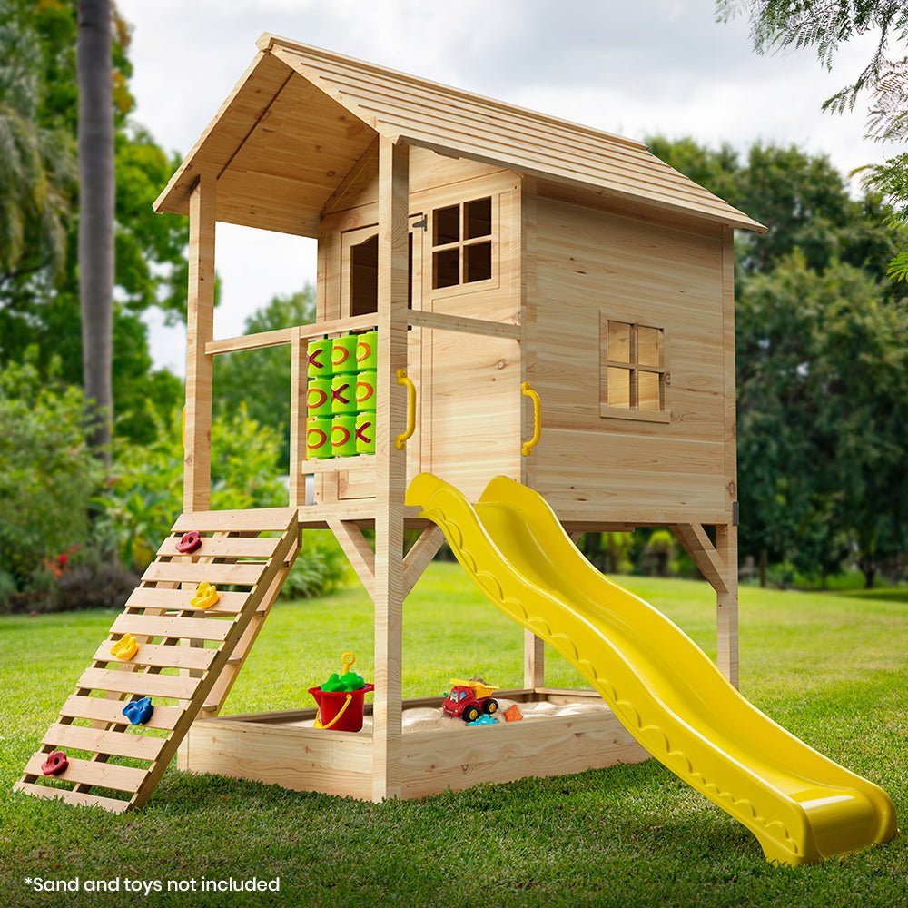 ROVO KIDS Wooden Tower Cubby House with Slide, Sandpit, Climbing Wall, Noughts &amp; Crosses, Natural Colour - Outdoorium