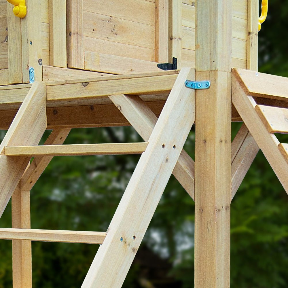 ROVO KIDS Wooden Tower Cubby House with Slide, Sandpit, Climbing Wall, Noughts &amp; Crosses, Natural Colour - Outdoorium