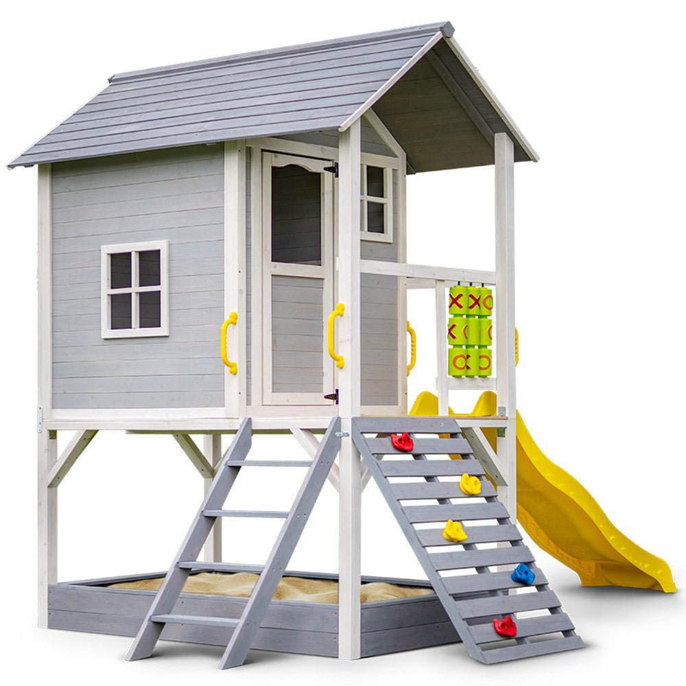 ROVO KIDS Wooden Tower Cubby House with Slide, Sandpit, Climbing Wall, Noughts & Crosses - Outdoorium