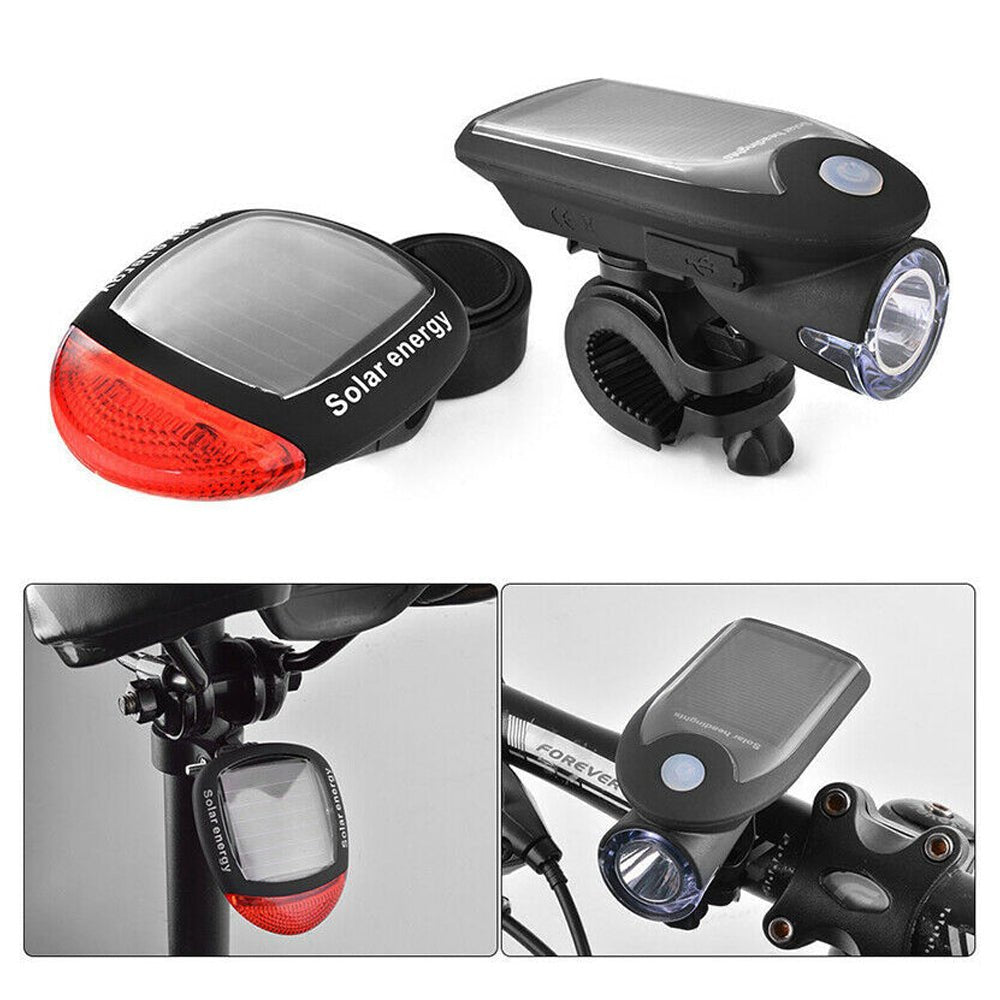 Solar Powered Bicycle Cycling Bike LED Headlight + Rear Tail Light Lamp LED with Gift Box - Outdoorium