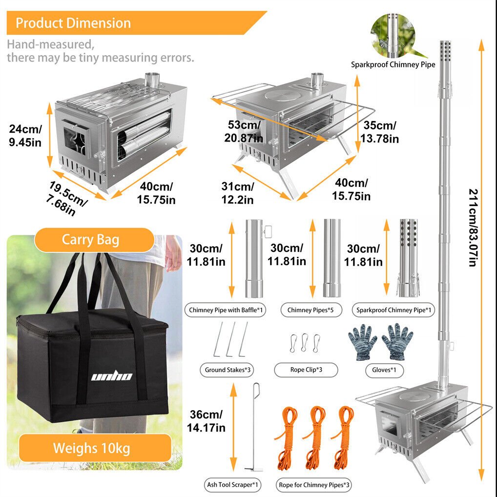 Stainless Steel Wood Burner Stove for Camping w/ Chimney & Bag | Outdoorium