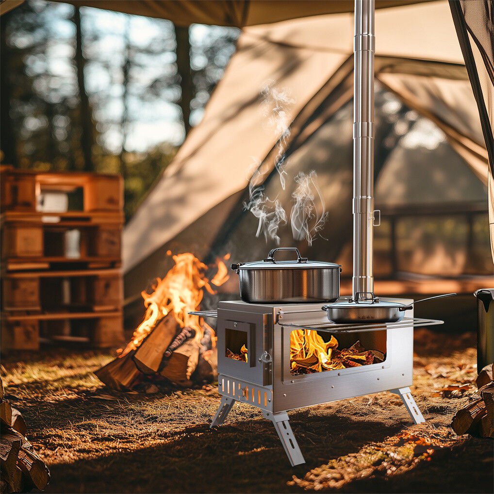 Stainless Steel Wood Burning Stove 1 Burner Camping BBQ with Chimney | Outdoorium