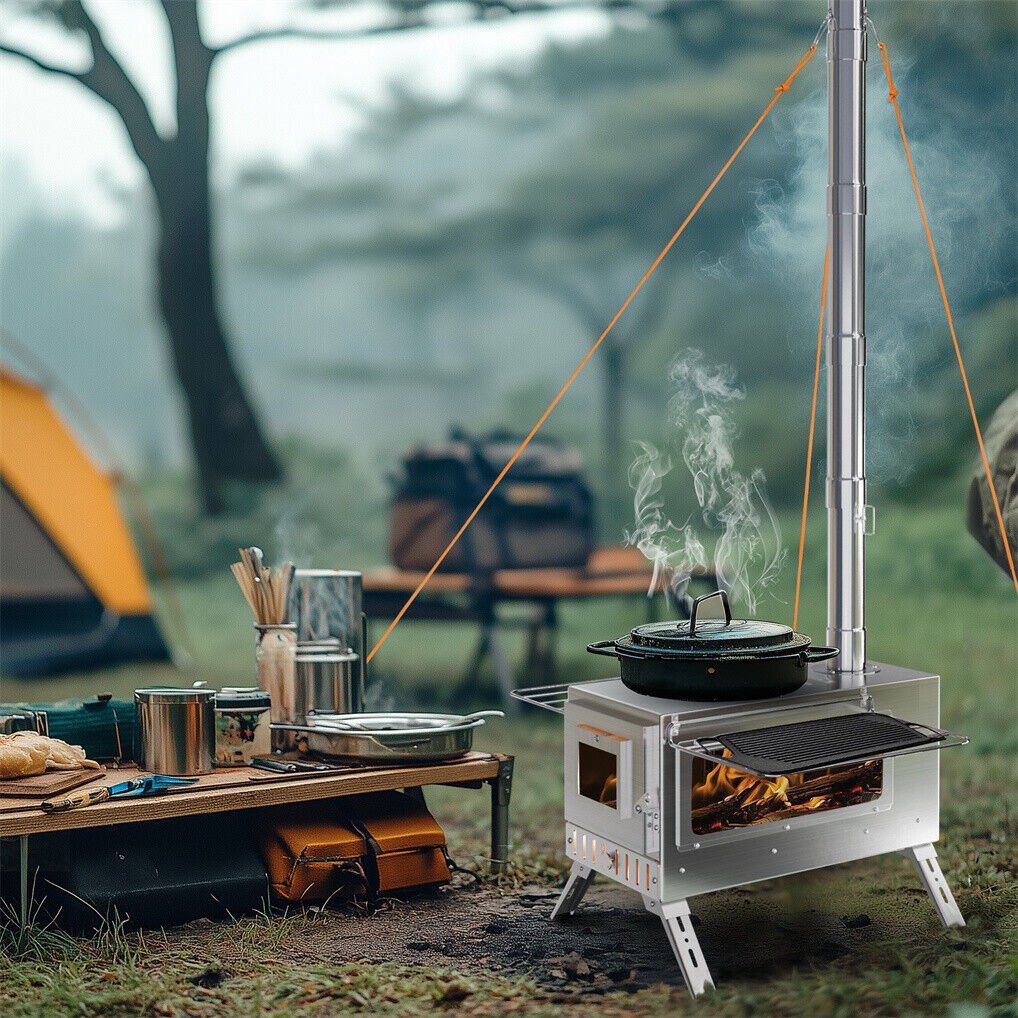 Stainless Steel Wood Burning Stove 1 Burner Camping BBQ with Chimney | Outdoorium