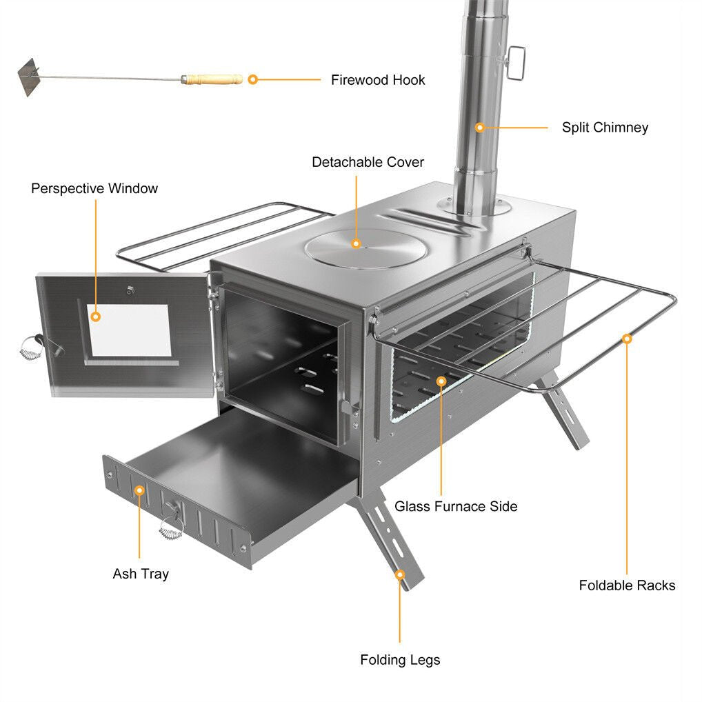 Stainless Steel Wood Burning Stove 1 Burner Camping BBQ with Chimney | Outdoorium