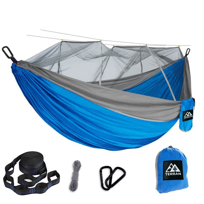 TERRAN Camping Hammock with Mosquito Net - Blue and Grey - Outdoorium