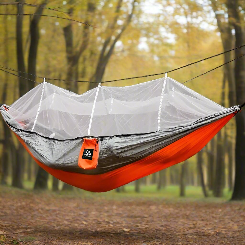 TERRAN Camping Hammock with Mosquito Net - Orange - Outdoorium