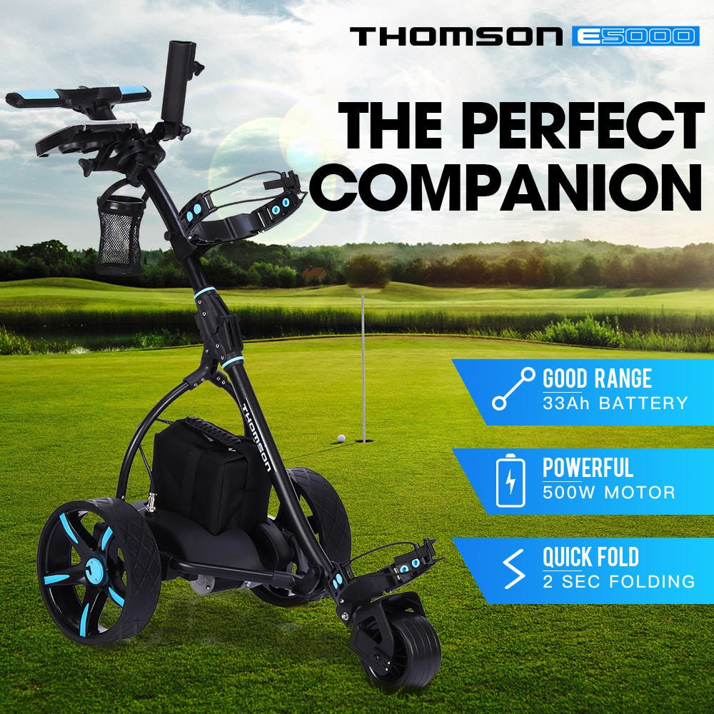 THOMSON Golf Buggy Electric Trolley Automatic Motorised Foldable Cart LED Black - Outdoorium