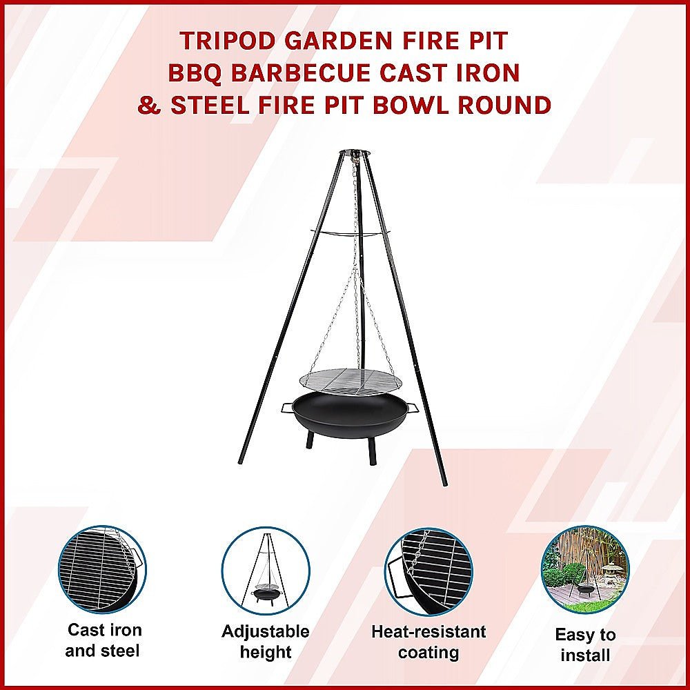 Tripod Garden Fire Pit BBQ Barbecue Cast Iron &amp; Steel Fire Pit Bowl Round - Outdoorium
