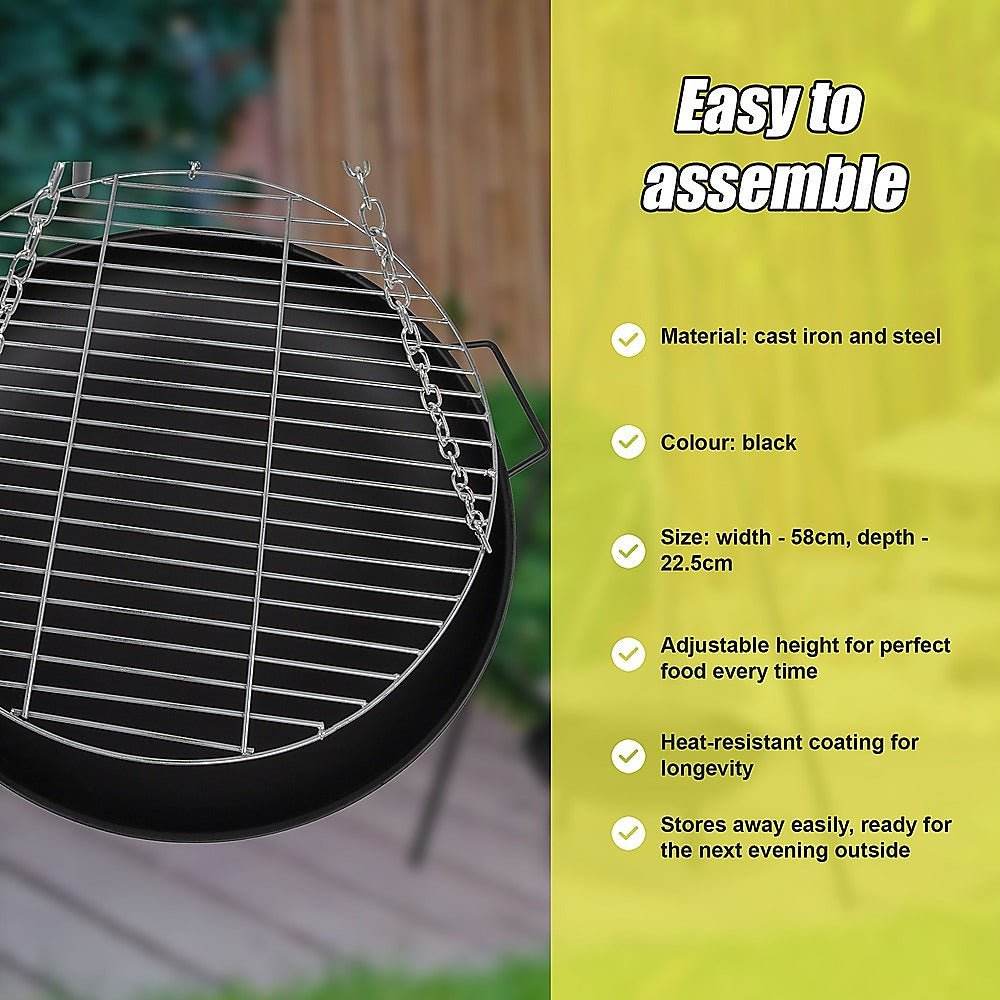 Tripod Fire Pit BBQ – 58cm Cast Iron & Steel Outdoor Garden Grill | Outdoorium