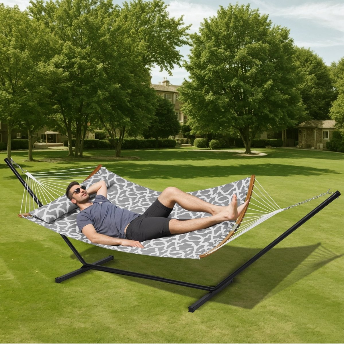 Two Person Hammock with Stand Included, Double Hammock with Curved Spreader Bar and Detachable Pillow and Portable Carrying Bag, Perfect for Outdoor Freestanding Hammock, 480lb Capacity | Outdoorium