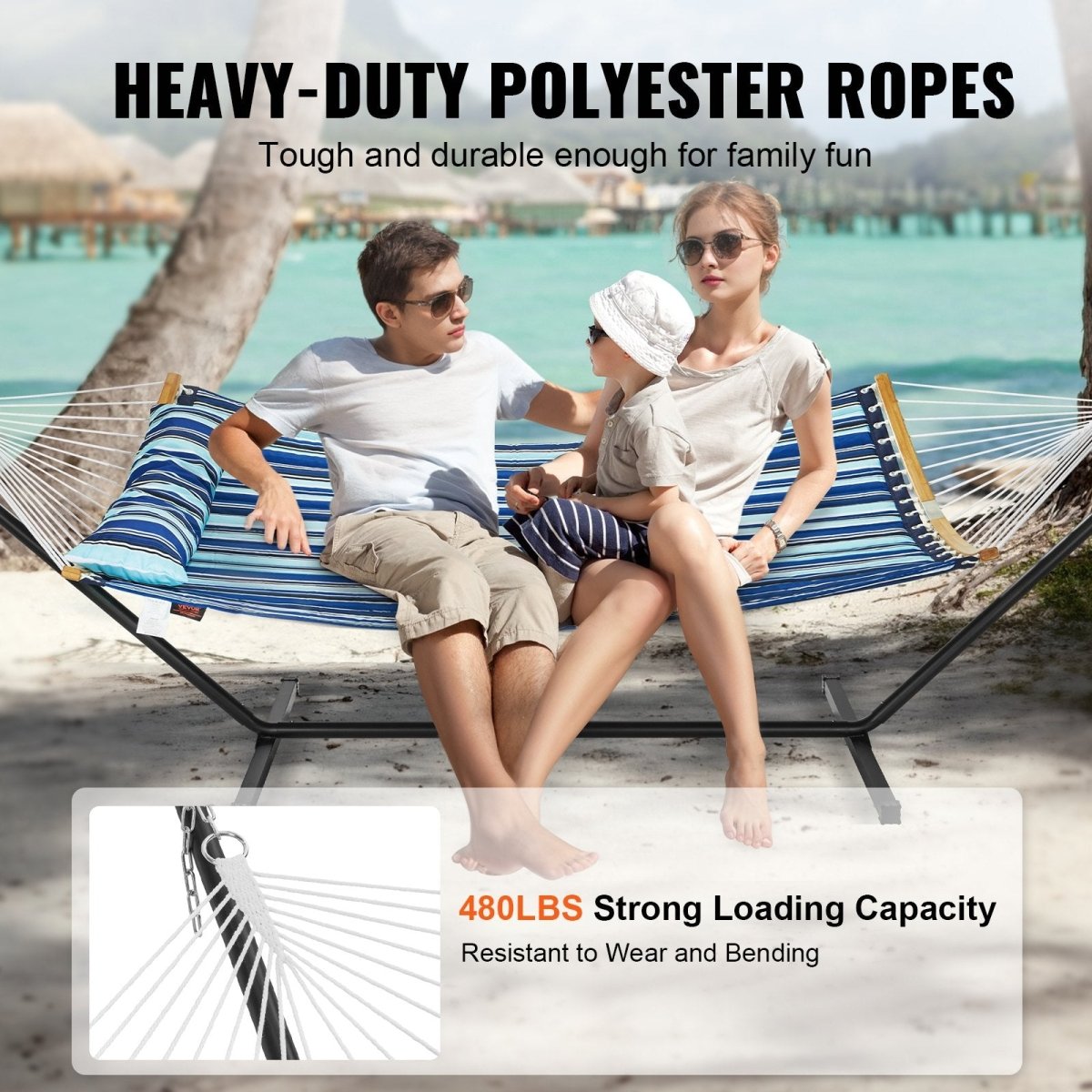 Two Person Hammock with Stand Included, Double Hammock with Curved Spreader Bar and Detachable Pillow and Portable Carrying Bag, Perfect for Outdoor Freestanding Hammock, 480lb Capacity | Outdoorium