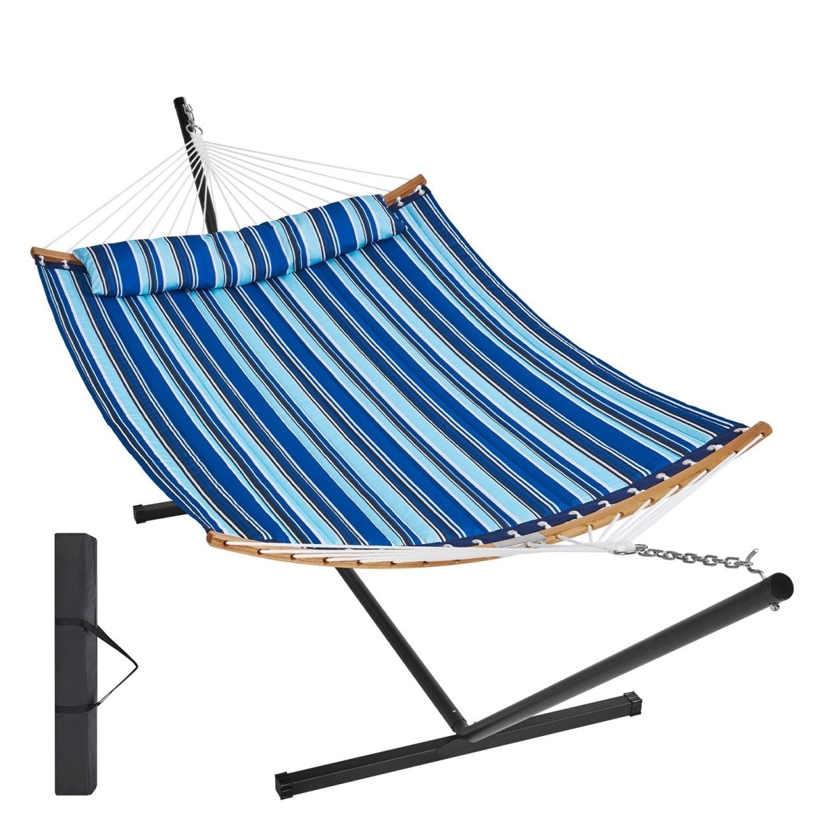 Two Person Hammock with Stand Included, Double Hammock with Curved Spreader Bar and Detachable Pillow and Portable Carrying Bag, Perfect for Outdoor Freestanding Hammock, 480lb Capacity | Outdoorium