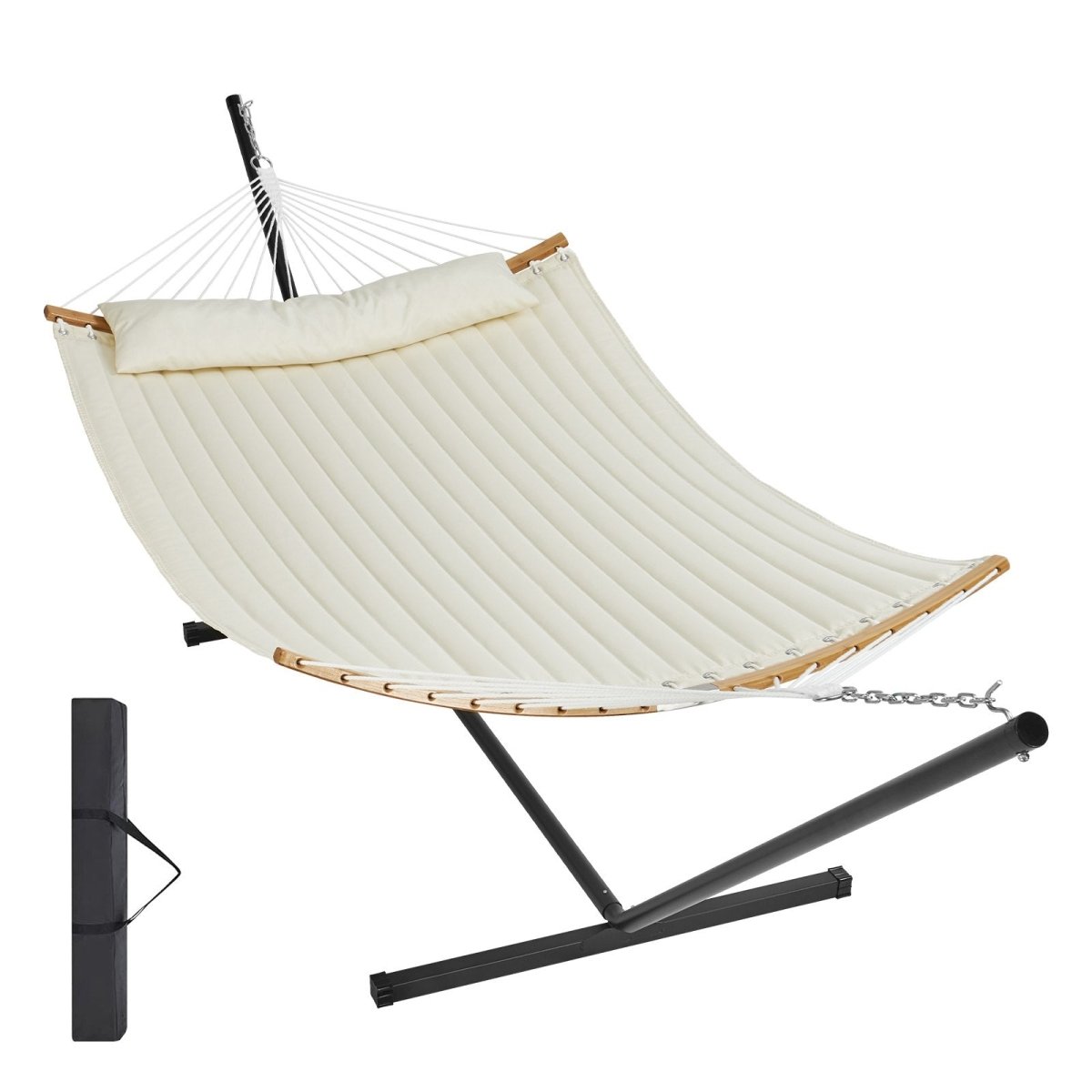 Two Person Hammock with Stand Included, Double Hammock with Curved Spreader Bar and Detachable Pillow and Portable Carrying Bag, Perfect for Outdoor Freestanding Hammock, 480lb Capacity | Outdoorium
