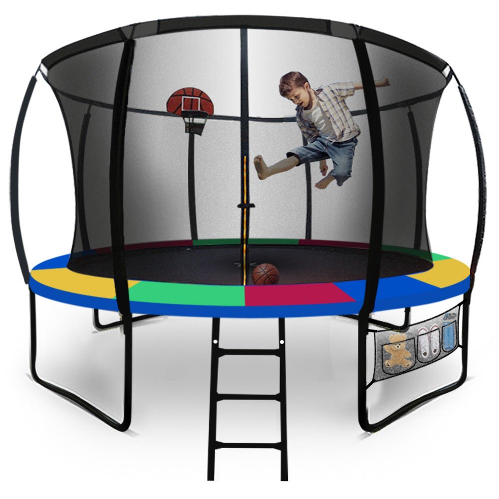 UP - SHOT 12ft Round Kids Trampoline with Curved Pole Design, Basketball Set and Sprinkler Accessory, Black and Multi - colour - Outdoorium