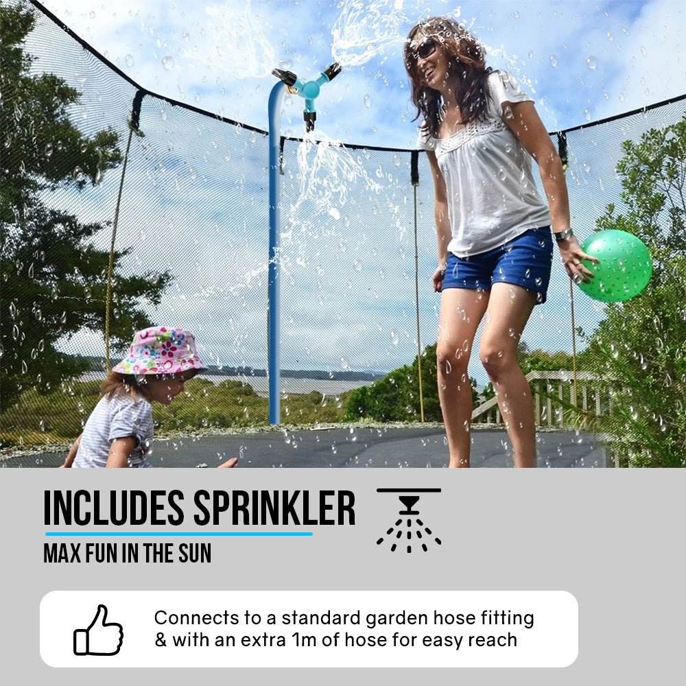 UP-SHOT 14ft Round Kids Trampoline with Curved Pole Design, Basketball Set and Sprinkler Accessory, Black and Orange - Outdoorium