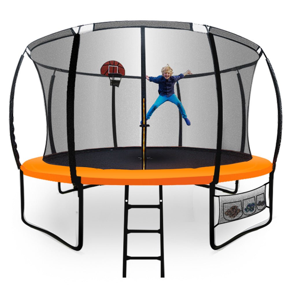 UP - SHOT 14ft Round Kids Trampoline with Curved Pole Design, Basketball Set and Sprinkler Accessory, Black and Orange - Outdoorium