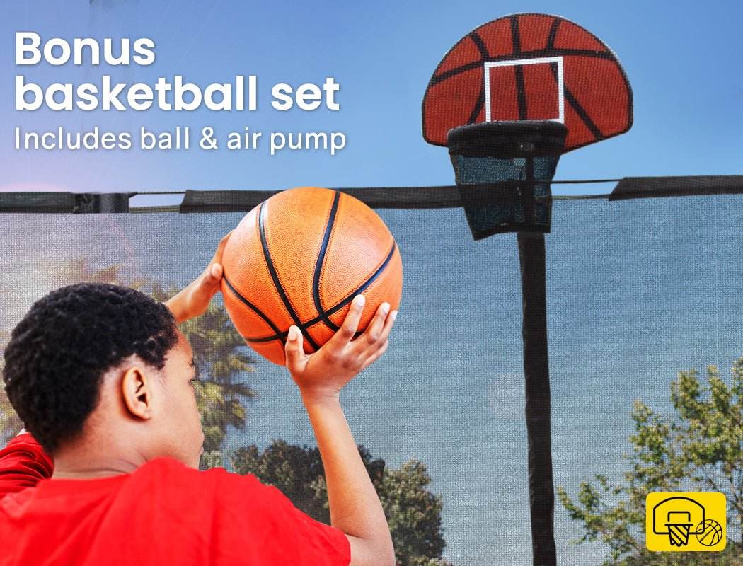 UP-SHOT 16ft Round Kids Trampoline with Curved Pole Design, Basketball Set and Sprinkler Accessory, Black and Orange - Outdoorium