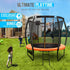 UP-SHOT 8ft Round Kids Trampoline with Curved Pole Design and Sprinkler Accessory, Black and Orange - Outdoorium