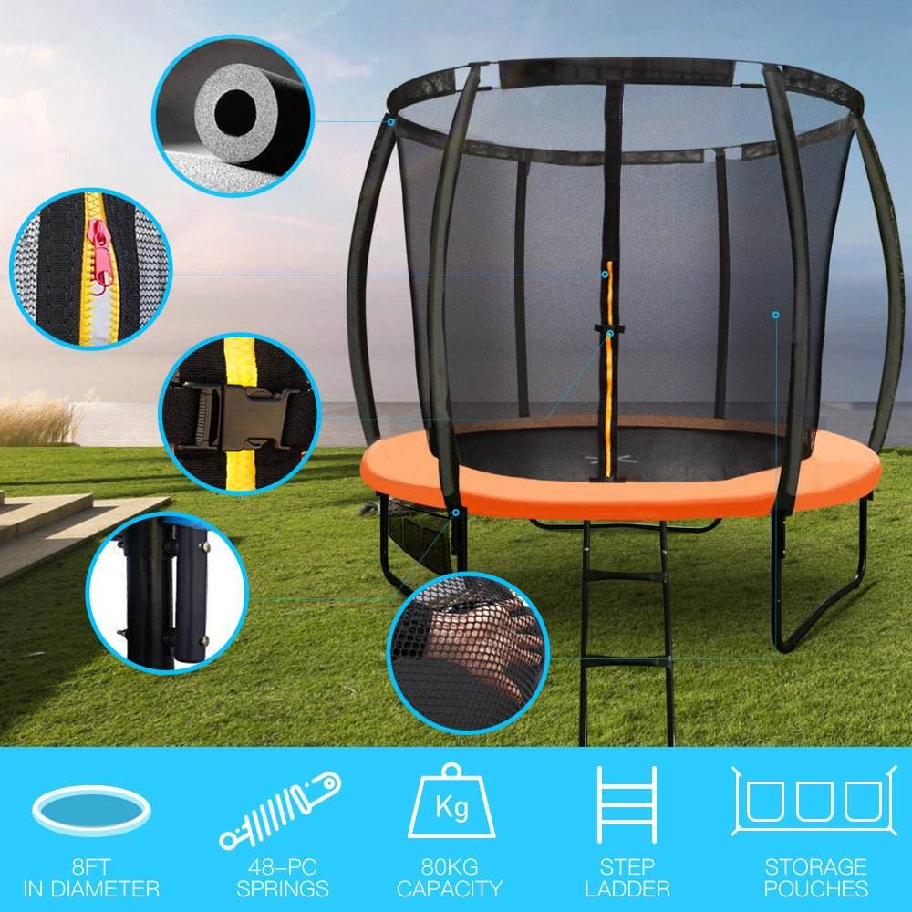 UP-SHOT 8ft Round Kids Trampoline with Curved Pole Design and Sprinkler Accessory, Black and Orange - Outdoorium