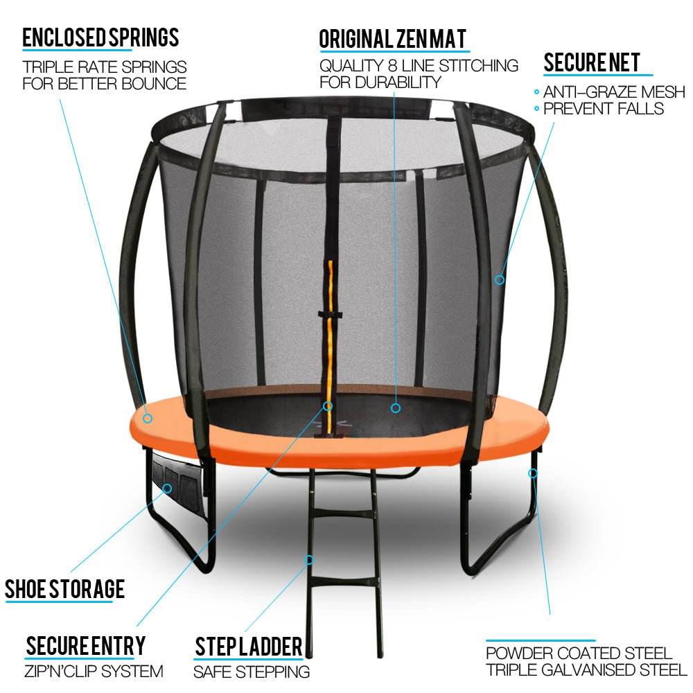 UP-SHOT 8ft Round Kids Trampoline with Curved Pole Design and Sprinkler Accessory, Black and Orange - Outdoorium