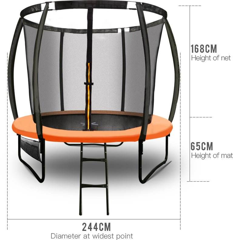 UP-SHOT 8ft Round Kids Trampoline with Curved Pole Design and Sprinkler Accessory, Black and Orange - Outdoorium