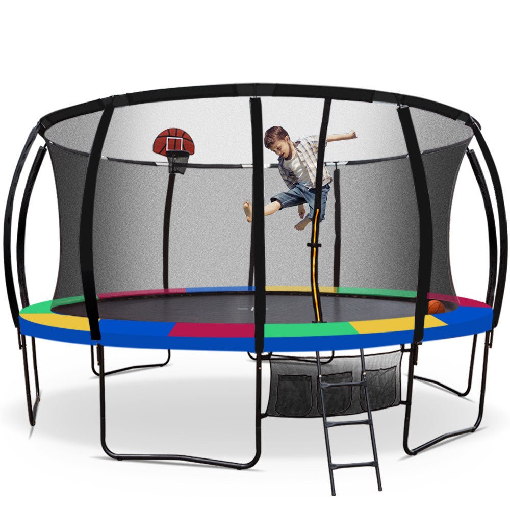 UP - SHOT Trampoline 16ft Outdoor Round Curved Pole with Basketball Set for Kids, Black Multi - colour - Outdoorium