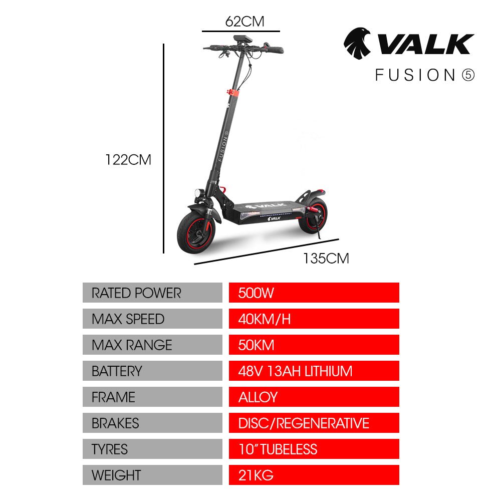 VALK Fusion 5 Electric Scooter, 500W 48V 13Ah Lithium 50km Range 40km/h Quad Shocks 10 inch Tyres, - Outdoorium