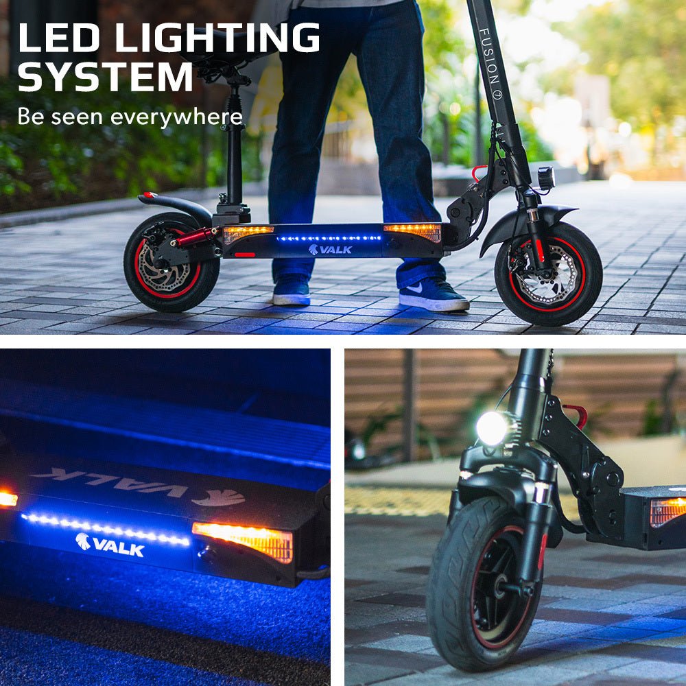 VALK Fusion 7 Electric Scooter with Seat option 800W 48V 13Ah Lithium 50km Range Quad Shocks 10 inch Tyres - Outdoorium