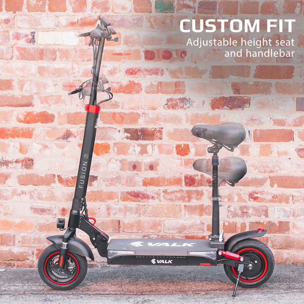 VALK Fusion 7 Electric Scooter with Seat option 800W 48V 13Ah Lithium 50km Range Quad Shocks 10 inch Tyres - Outdoorium