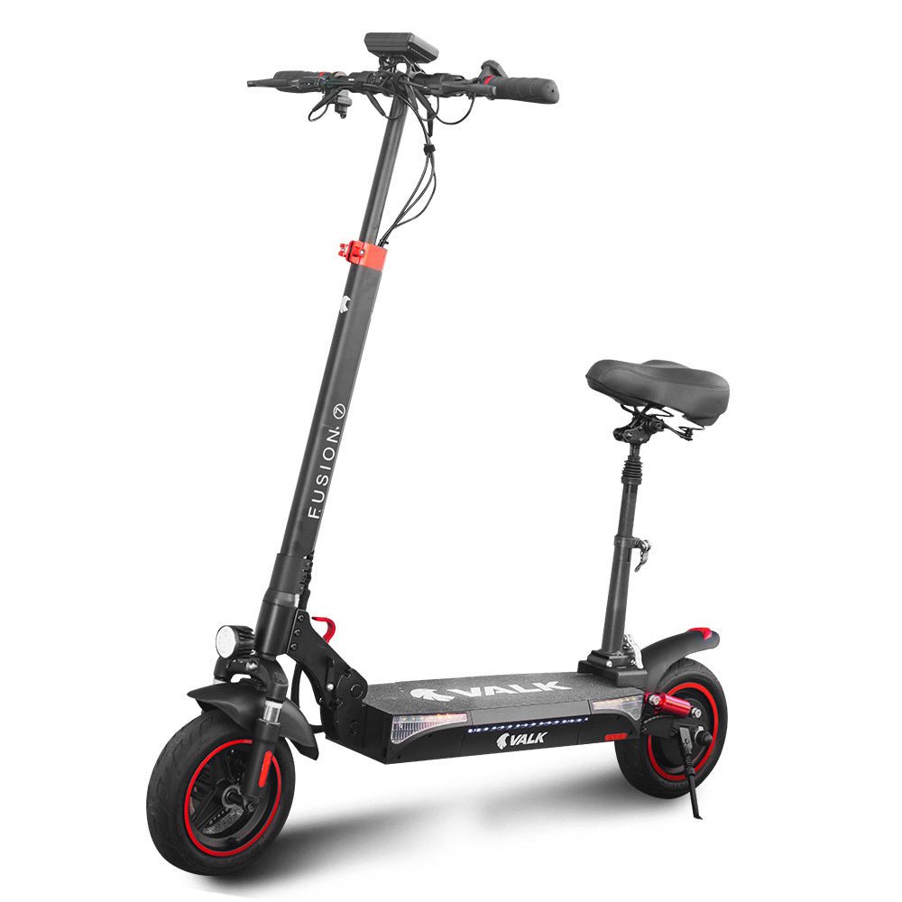 VALK Fusion 7 Electric Scooter with Seat option 800W 48V 13Ah Lithium 50km Range Quad Shocks 10 inch Tyres - Outdoorium