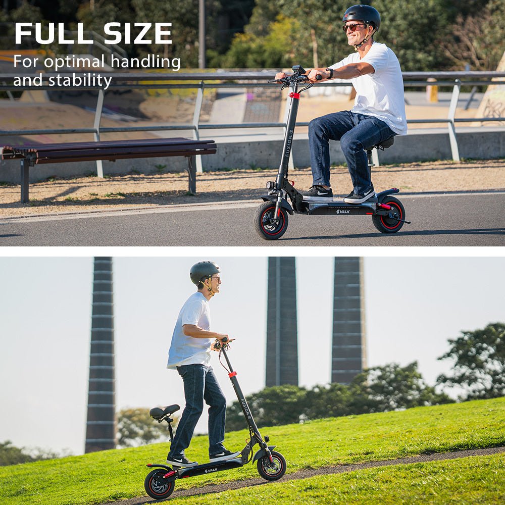 VALK Fusion 7 Electric Scooter with Seat option 800W 48V 13Ah Lithium 50km Range Quad Shocks 10 inch Tyres - Outdoorium