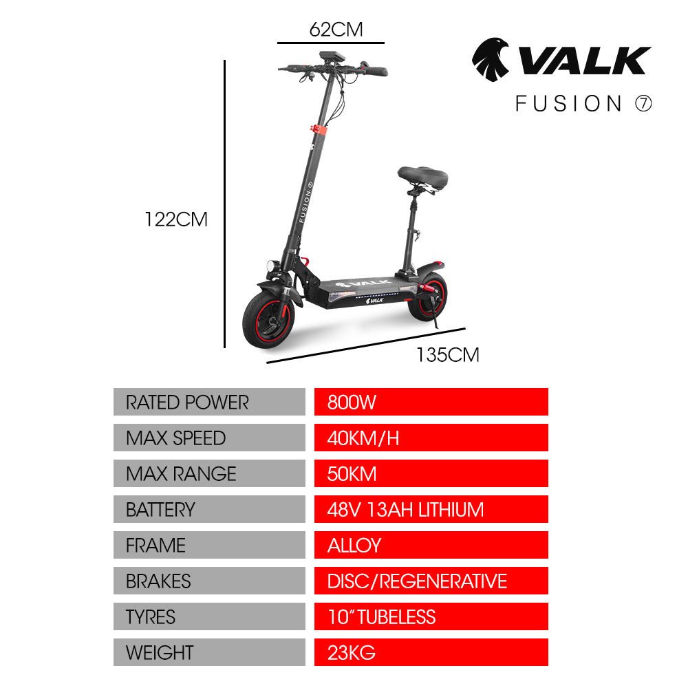 VALK Fusion 7 Electric Scooter with Seat option 800W 48V 13Ah Lithium 50km Range Quad Shocks 10 inch Tyres - Outdoorium