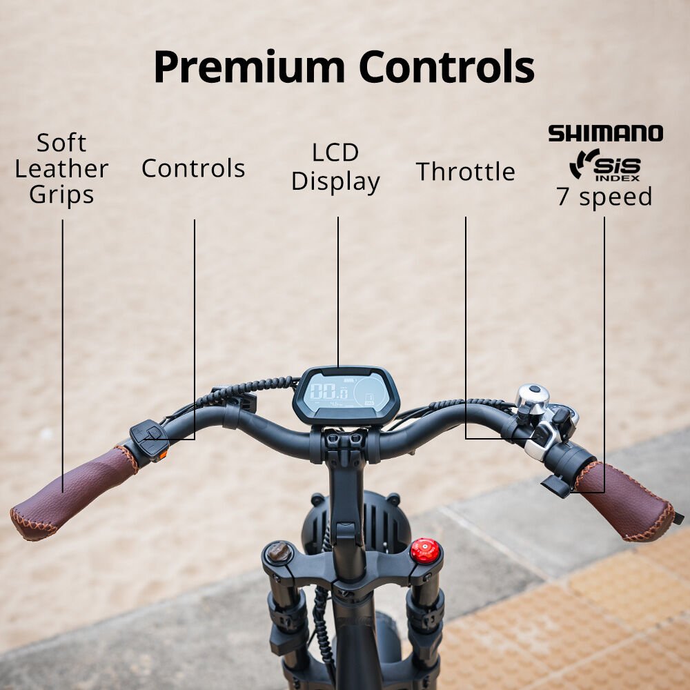 VALK Nomad Electric Fat Tyre Bike, 350W, 32km/hr, Throttle ebike, Disc Brakes, Step - Through Alloy, Shimano 7 spd, 20x4" Kenda Tyres, Suspension, Black - Outdoorium