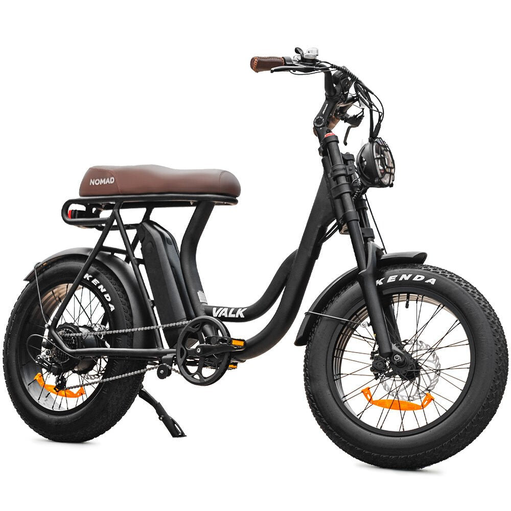 VALK Nomad Electric Fat Tyre Bike, 350W, 32km/hr, Throttle ebike, Disc Brakes, Step - Through Alloy, Shimano 7 spd, 20x4" Kenda Tyres, Suspension, Black - Outdoorium