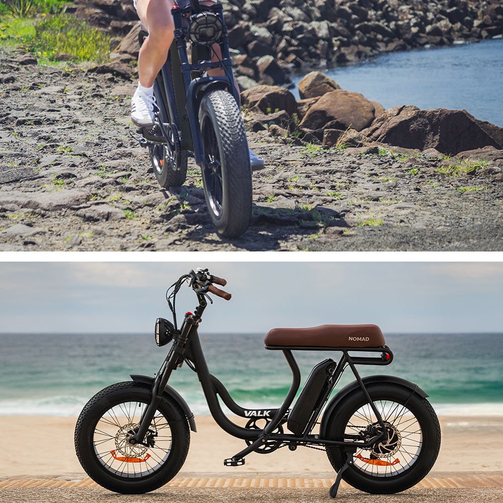 VALK Nomad Electric Fat Tyre Bike, 350W, 32km/hr, Throttle ebike, Disc Brakes, Step - Through Alloy, Shimano 7 spd, 20x4" Kenda Tyres, Suspension, Black - Outdoorium