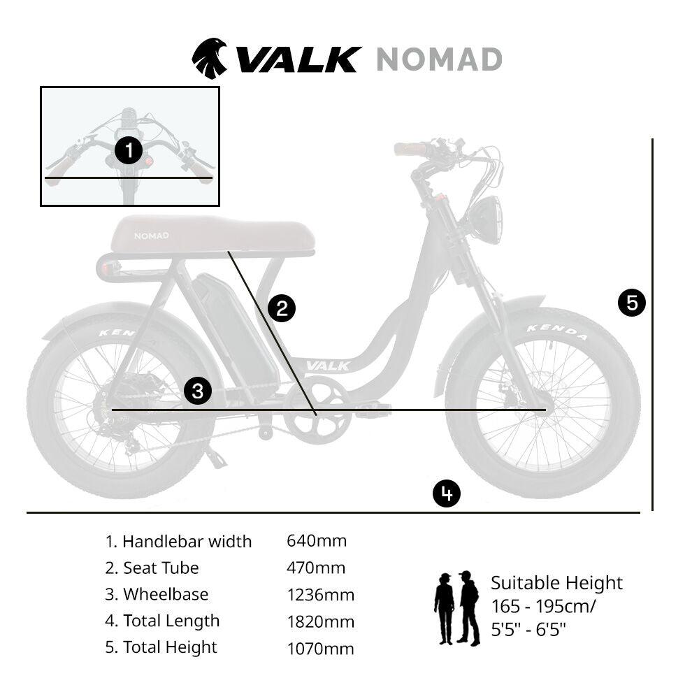 VALK Nomad Electric Fat Tyre Bike, 350W, 32km/hr, Throttle ebike, Disc Brakes, Step - Through Alloy, Shimano 7 spd, 20x4" Kenda Tyres, Suspension, Black - Outdoorium