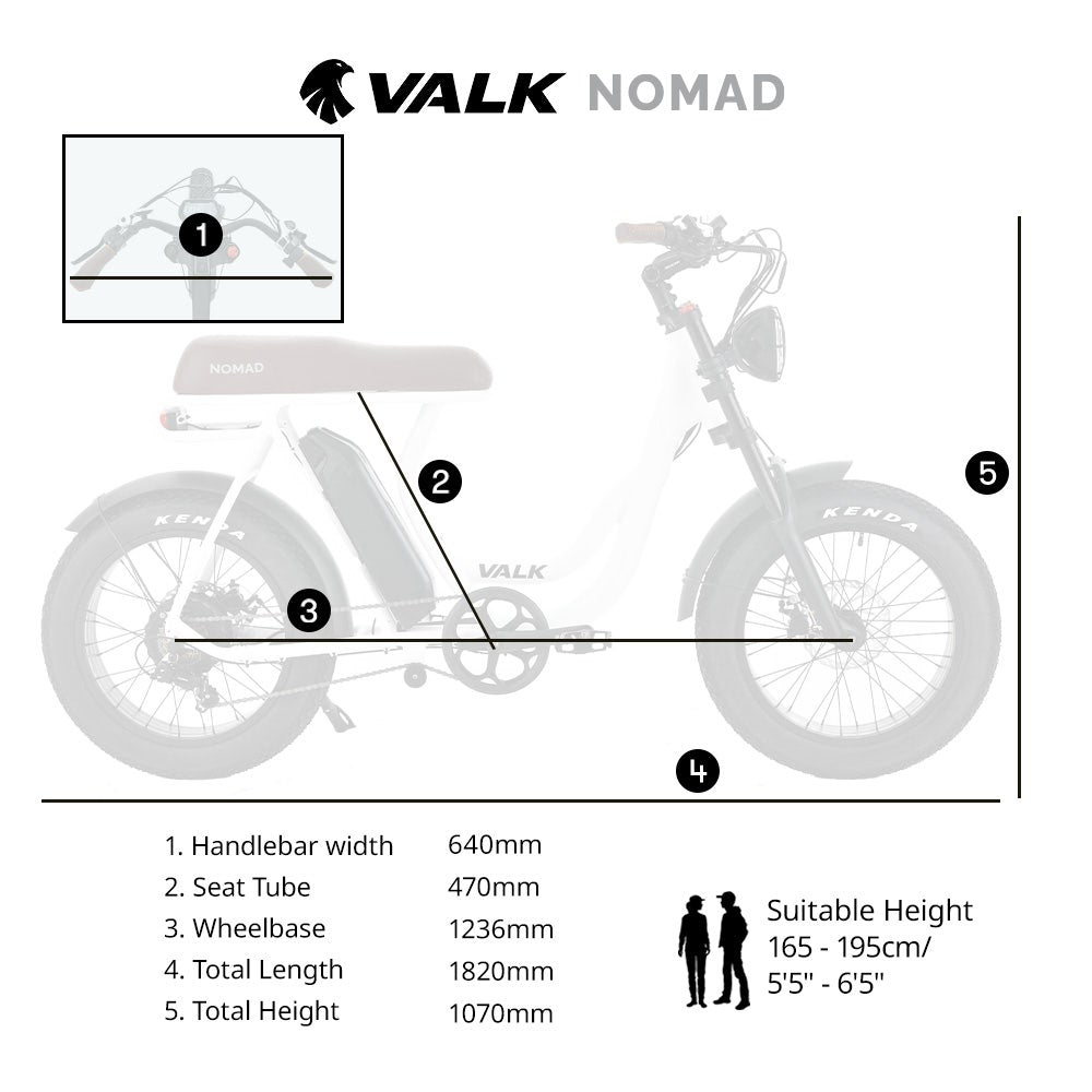 VALK Nomad Electric Fat Tyre Bike, 350W, 32km/hr, Throttle ebike, Disc Brakes, Step - Through Alloy, Shimano 7 spd, 20x4" Kenda Tyres, Suspension, White - Outdoorium