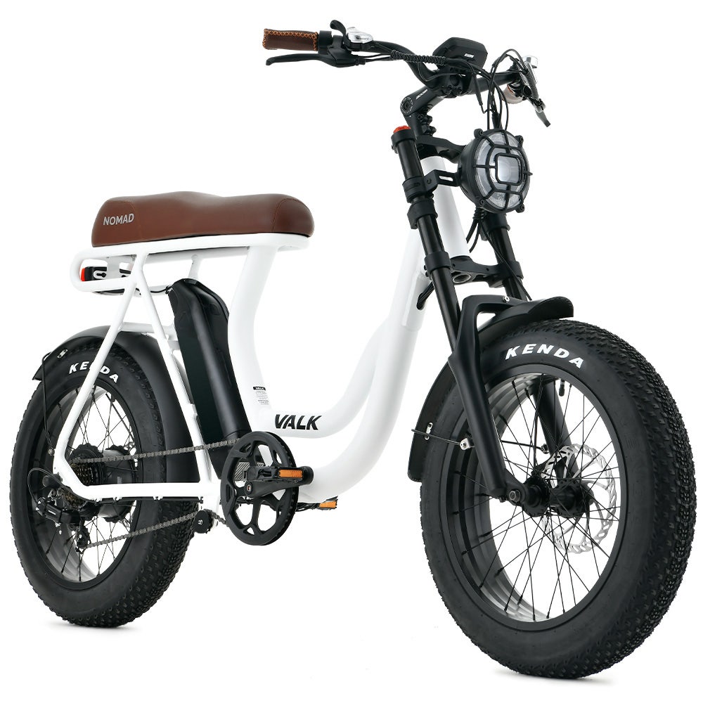 VALK Nomad Electric Fat Tyre Bike, 350W, 32km/hr, Throttle ebike, Disc Brakes, Step - Through Alloy, Shimano 7 spd, 20x4" Kenda Tyres, Suspension, White - Outdoorium