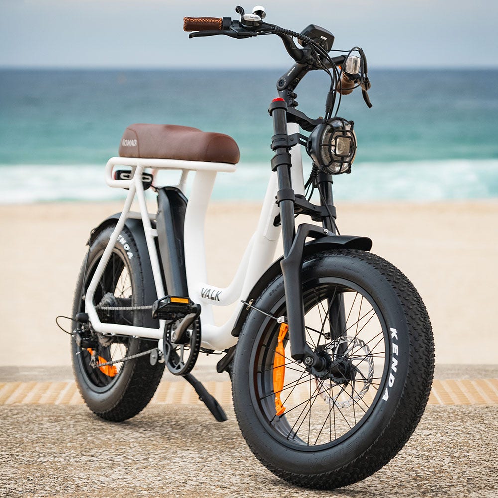 VALK Nomad Electric Fat Tyre Bike, 350W, 32km/hr, Throttle ebike, Disc Brakes, Step - Through Alloy, Shimano 7 spd, 20x4" Kenda Tyres, Suspension, White - Outdoorium