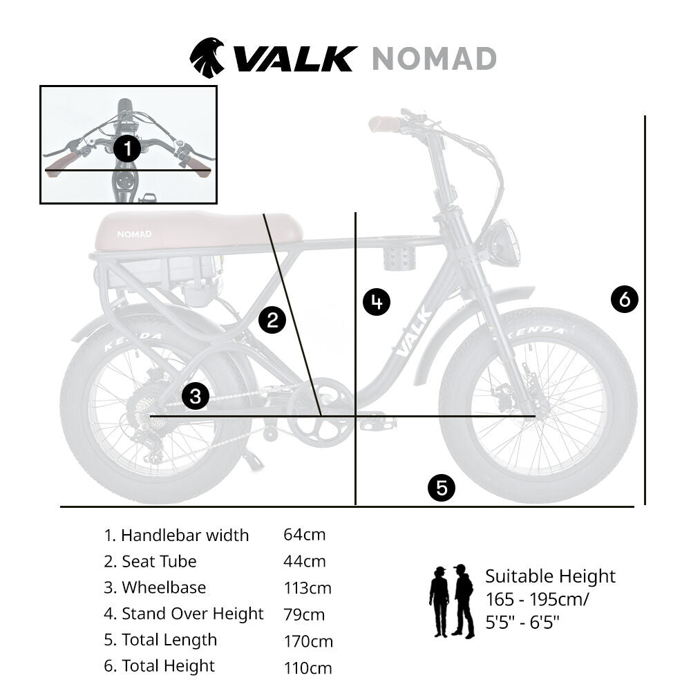 VALK Nomad Electric Fat Tyre Bike, 500W, 45km/hr, Throttle ebike, 20x4" Kenda Tyres, Shimano 7 spd, Suspension, Black - Outdoorium