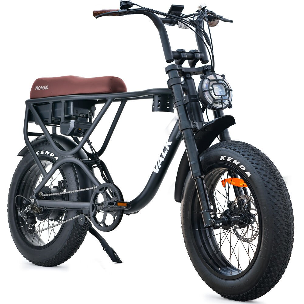 VALK Nomad Electric Fat Tyre Bike, 500W, 45km/hr, Throttle ebike, 20x4" Kenda Tyres, Shimano 7 spd, Suspension, Black - Outdoorium