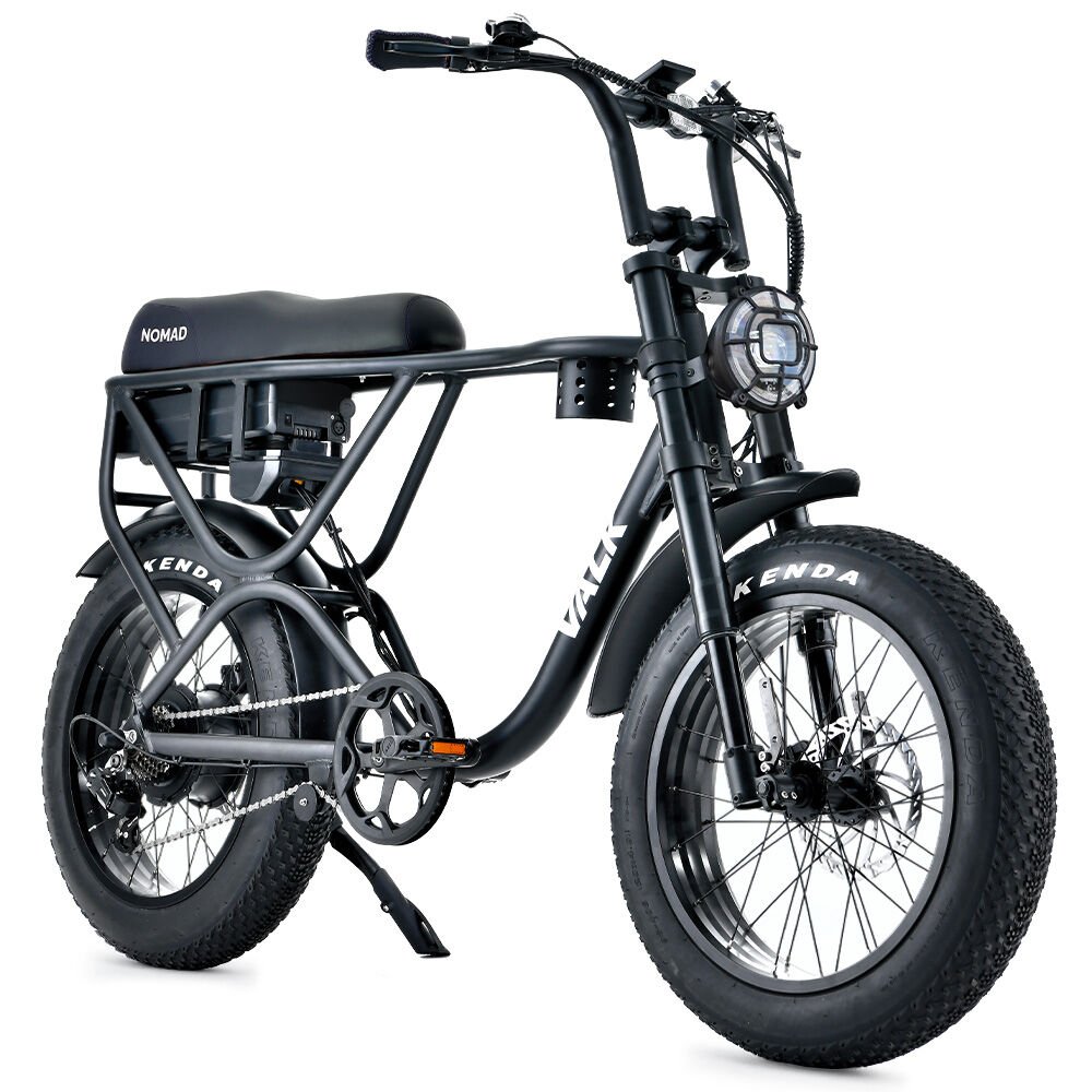 VALK Nomad Electric Fat Tyre Bike, 500W, 45km/hr, Throttle ebike, Disc Brakes, Shimano 7 spd, 20x4" Kenda Tyres, Suspension, Black - Outdoorium