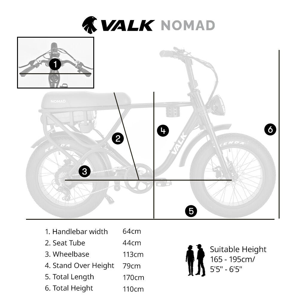 VALK Nomad Electric Fat Tyre Bike, 500W, 45km/hr, Throttle ebike, Disc Brakes, Shimano 7 spd, 20x4" Kenda Tyres, Suspension, Black - Outdoorium