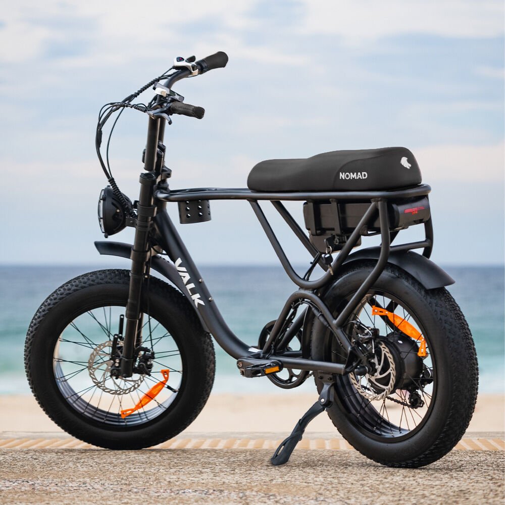 VALK Nomad Electric Fat Tyre Bike, 500W, 45km/hr, Throttle ebike, Disc Brakes, Shimano 7 spd, 20x4" Kenda Tyres, Suspension, Black - Outdoorium