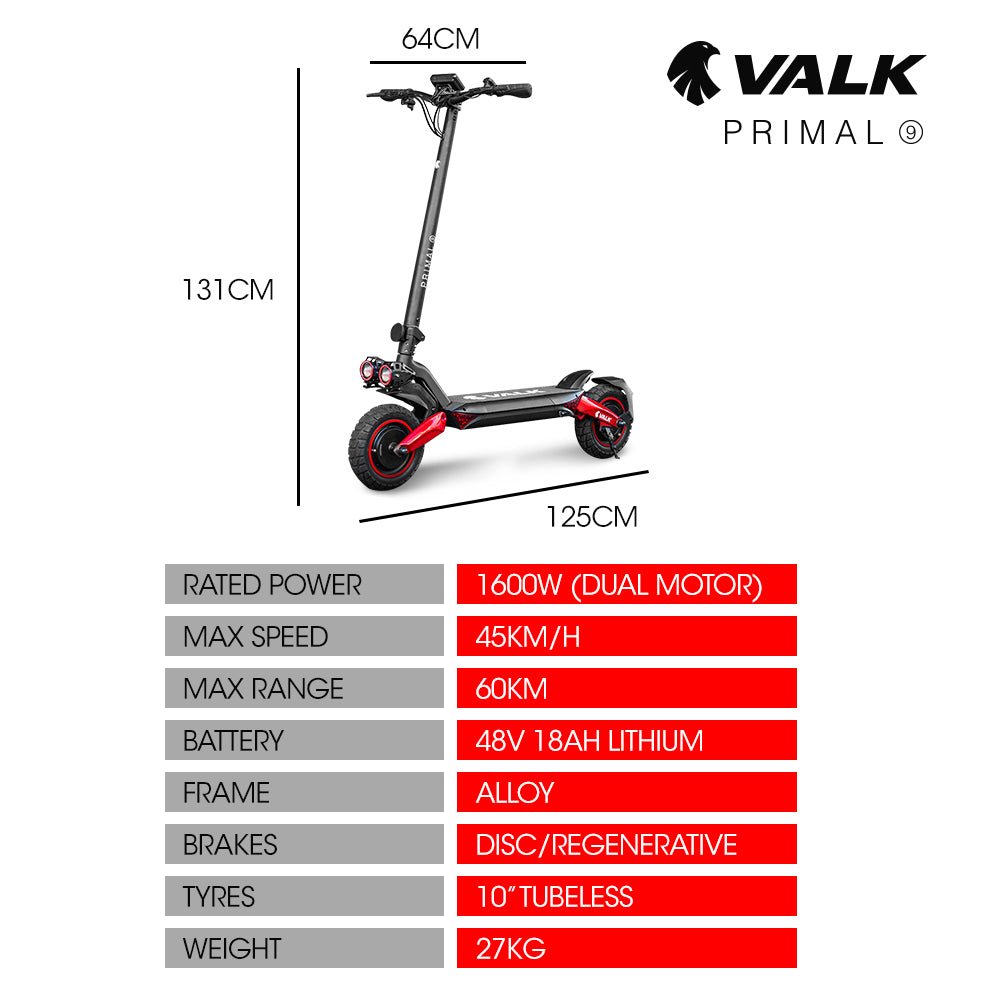 VALK Primal 9 Dual Motor 1600W Extreme Hill Climbing Electric e - Scooter, Black/Red - Outdoorium