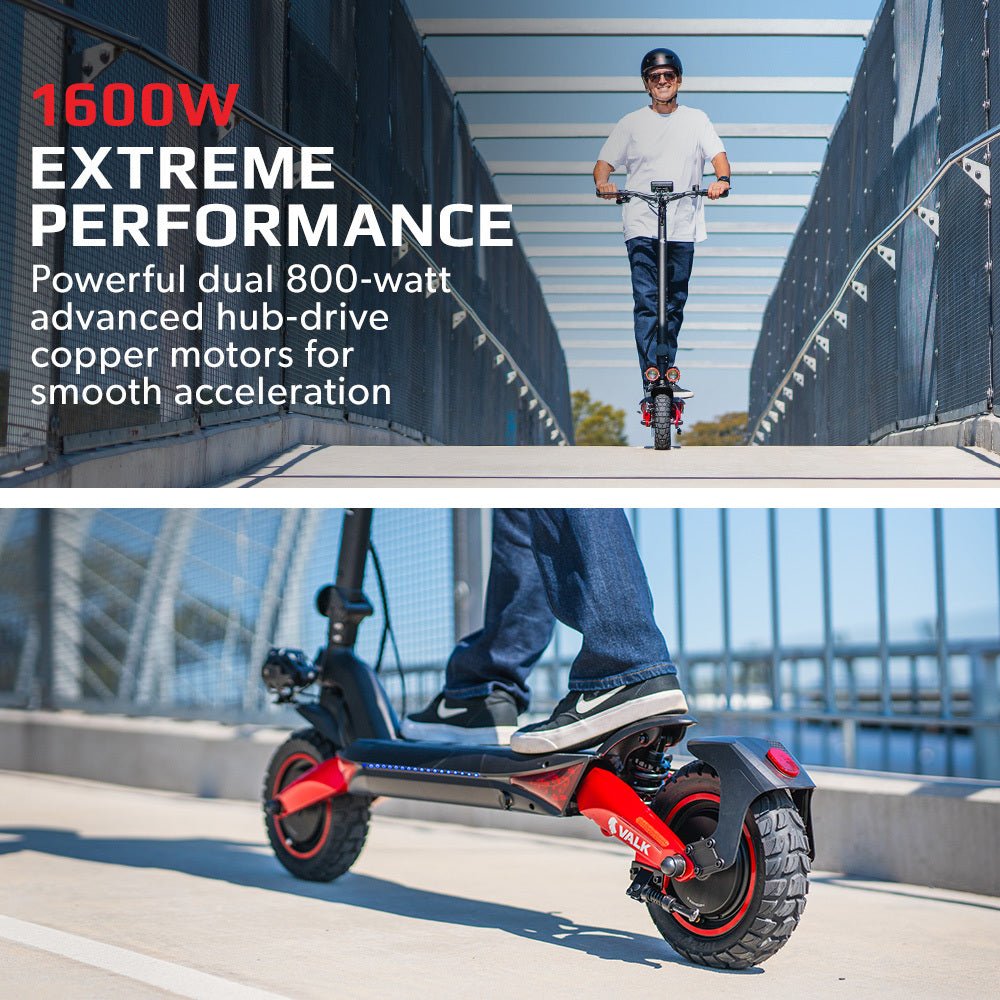 VALK Primal 9 Dual Motor 1600W Extreme Hill Climbing Electric e - Scooter, Black/Red - Outdoorium