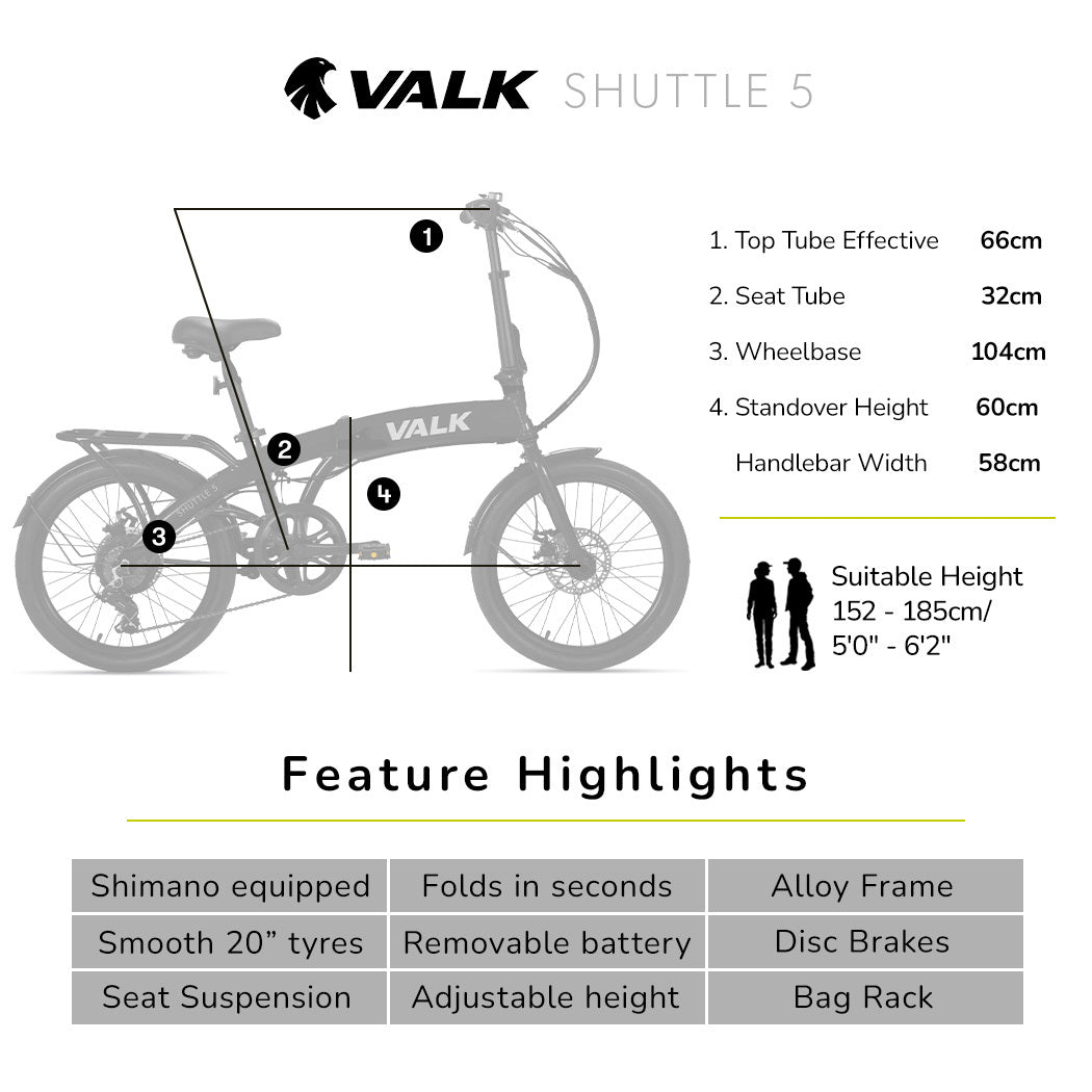 VALK Shuttle 5 Electric Folding Bike, Gen II, 20&quot; Tyres, Shimano 7 - Speed, Dark Grey - Outdoorium